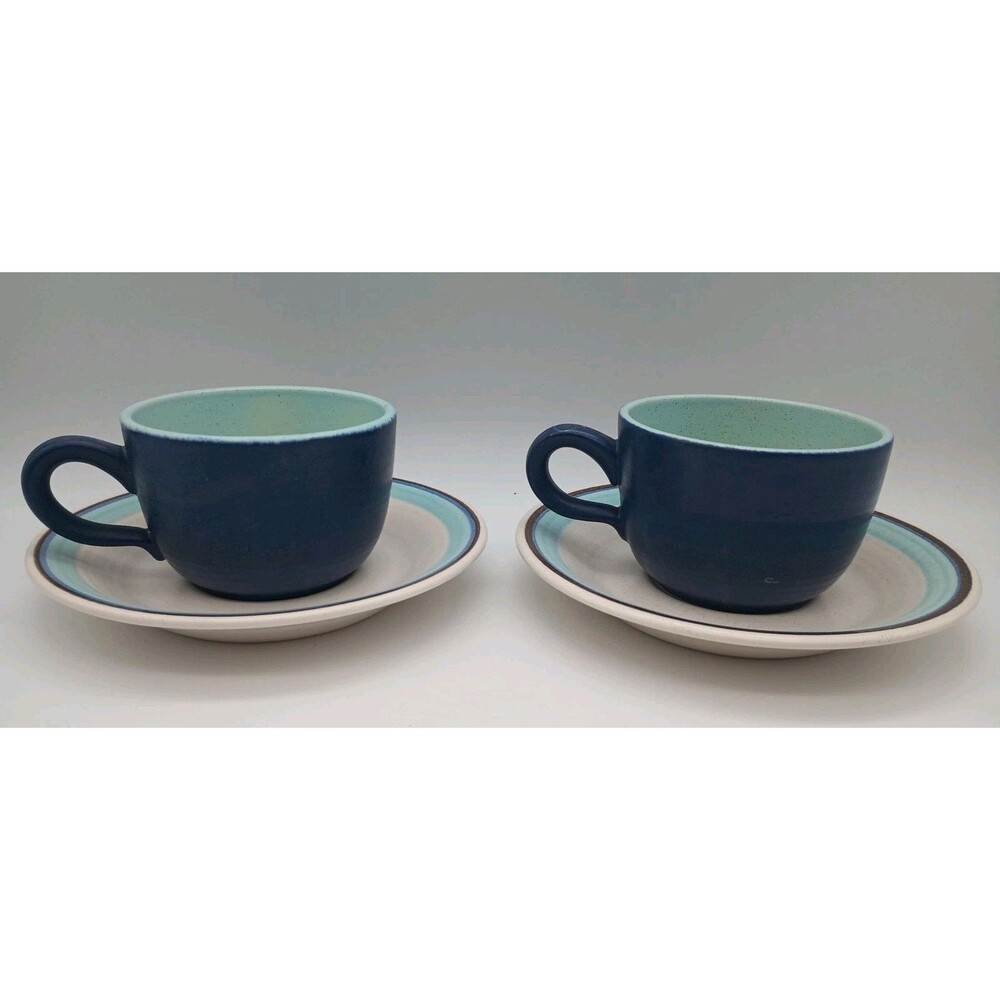 2 Vtg Franciscan Malibu Tea Cup And Saucer Blue Brown Speckled Stoneware